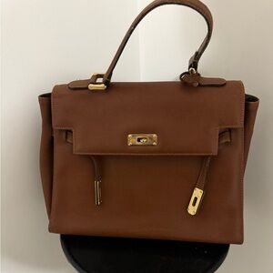 Vintage French Courchevel Cognac Leather Kelly Style W32cm, Key Cloche & Padlock